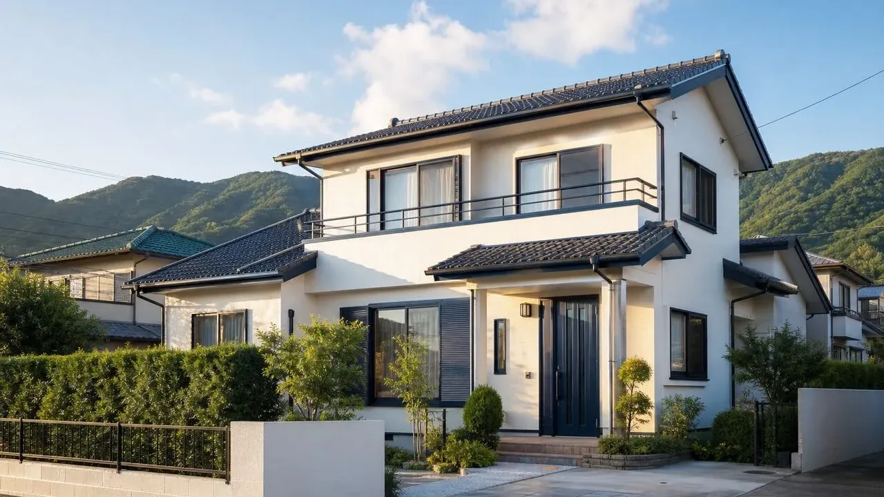 外壁を明るい色で仕上げた二階建て住宅